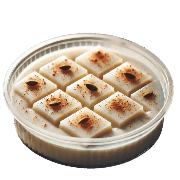 dall·e 2025 03 01 14.48.44 a close up shot of freshly made kharvas, a traditional indian milk pudding, cut into diamond shaped pieces and served in a transparent round container photoroom